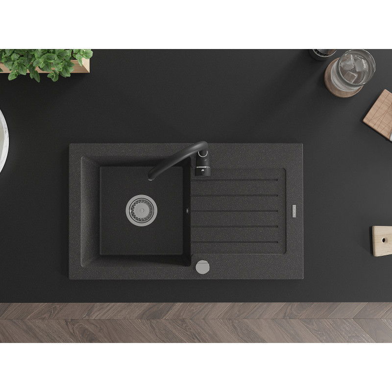Mexen Pablo granite sink 1-bowl with drainer and Telma kitchen tap, speckled black - 6510-76-670200-70