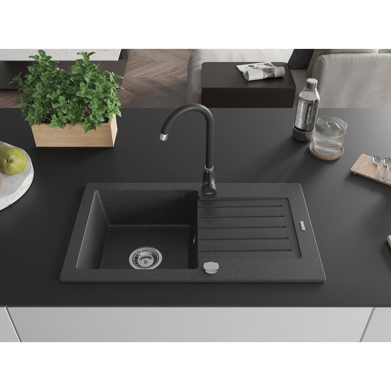 Mexen Pablo granite kitchen sink 1-bowl with drainer and kitchen faucet Telma, black speckled - 6510-76-670200-70
