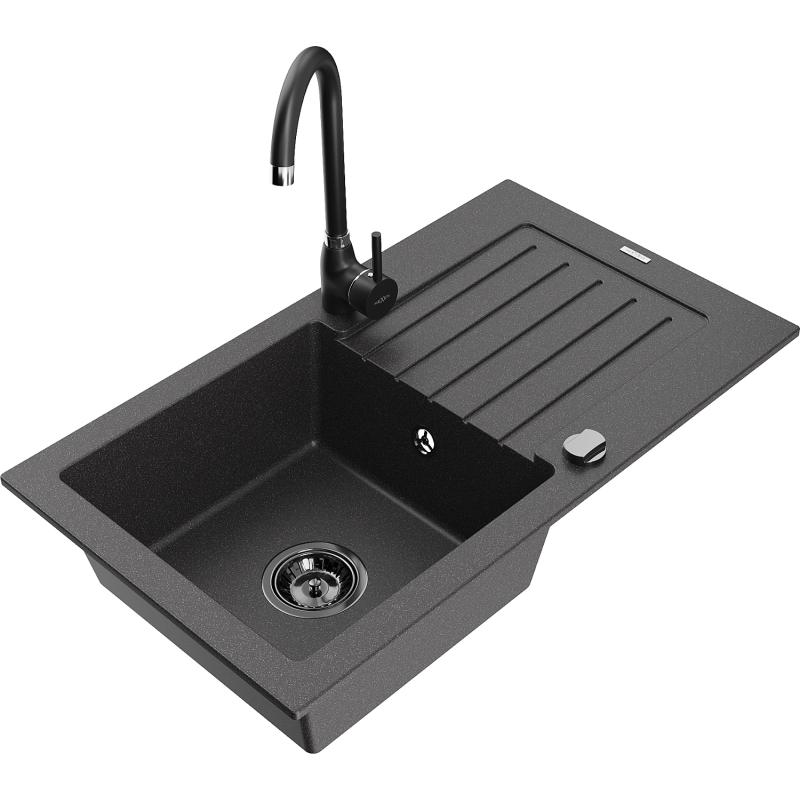 Mexen Pablo Granite Kitchen Sink 1-Bowl with Drainer and Telma Faucet, Black Speckled - 6510-76-670200-70-B