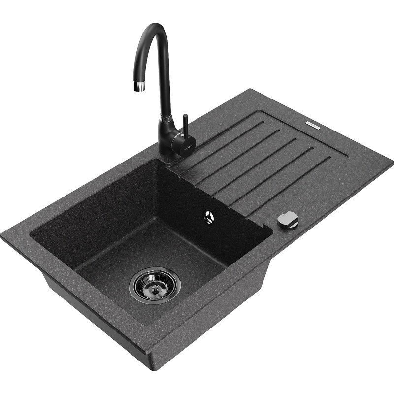 Mexen Pablo granite single-bowl sink with drainer and Telma kitchen faucet, speckled black - 6510-76-670200-70-B