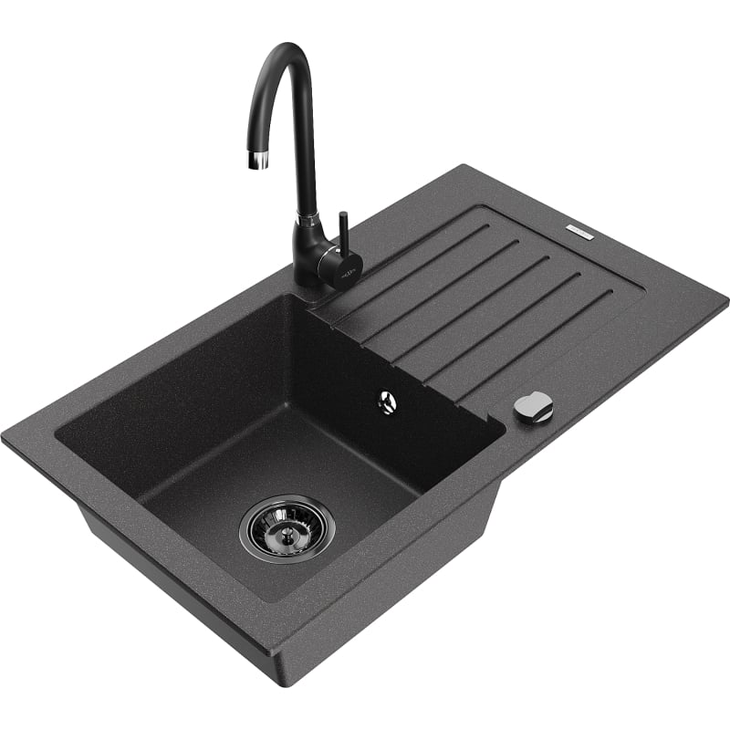Mexen Pablo granite sink 1-bowl with drainer and Telma kitchen faucet, speckled black - 6510-76-670200-70-B