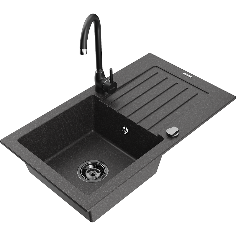 Mexen Pablo granite sink with 1 bowl, drainer and Telma kitchen tap, speckled black - 6510-76-670200-70-B