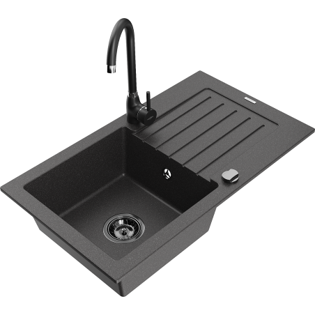 Mexen Pablo granite single-bowl sink with drainer and Telma kitchen faucet, speckled black - 6510-76-670200-70-B