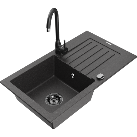 Mexen Pablo granite sink 1-bowl with drainer and Telma kitchen faucet, speckled black - 6510-76-670200-70-B