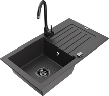 Mexen Pablo granite sink 1-bowl with drainer and Telma kitchen faucet, speckled black - 6510-76-670200-70-B
