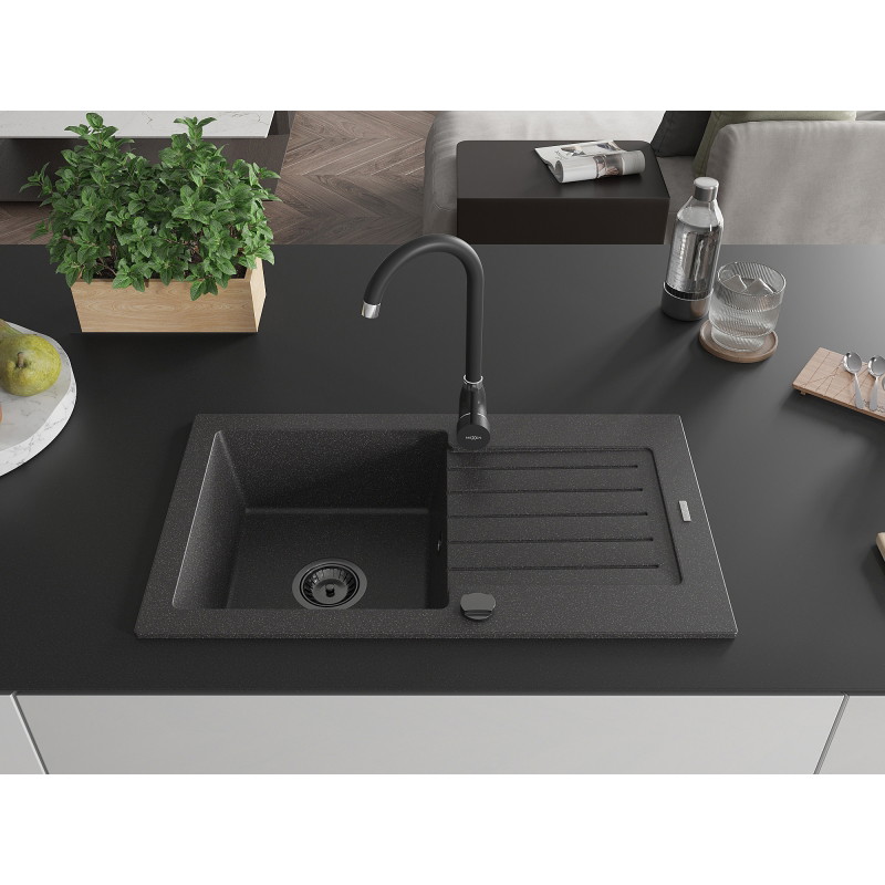 Mexen Pablo granite single-bowl sink with drainer and Telma kitchen faucet, speckled black - 6510-76-670200-70-B