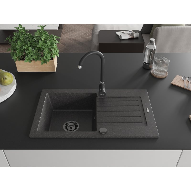 Mexen Pablo granite sink 1-bowl with drainer and Telma kitchen faucet, speckled black - 6510-76-670200-70-B