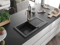 Mexen Pablo granite sink, 1-bowl with drainer and Telma kitchen faucet, black - 6510-77-670200-50-B