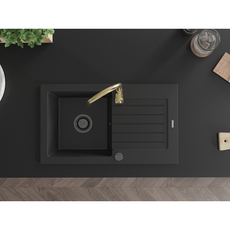 Mexen Pablo 1-compartment granite sink with drainer and Telma kitchen faucet, black - 6510-77-670200-50-B