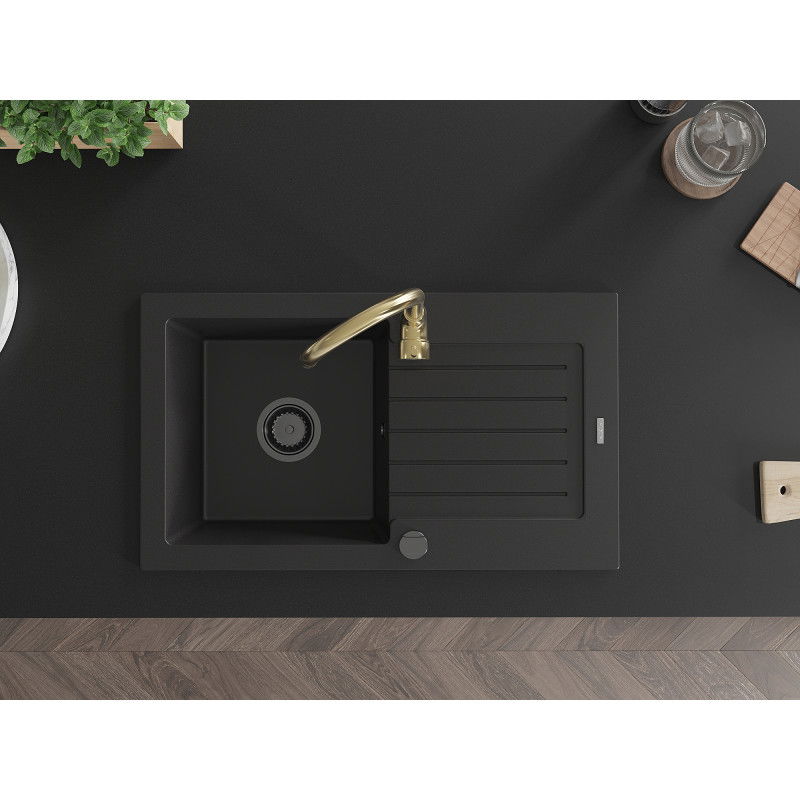 Mexen Pablo granite sink 1-bowl with drainer and Telma kitchen tap, black - 6510-77-670200-50-B