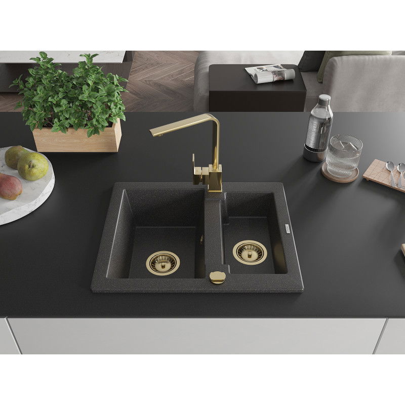 Mexen Carlos granite sink 1.5-bowl with Rita kitchen tap, black speckled - 6518-76-670300-50