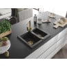 Mexen Carlos granite sink 1.5-bowl with Rita kitchen tap, black speckled - 6518-76-670300-50