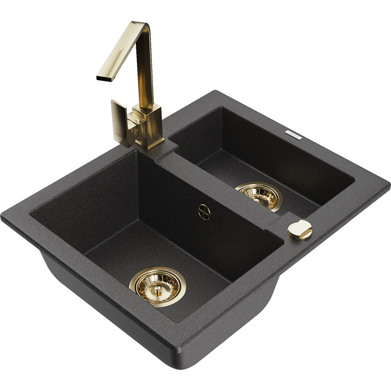 Mexen Carlos 1,5-compartment granite sink with a kitchen mixer tap Rita, spotted black - 6518-76-670300-50
