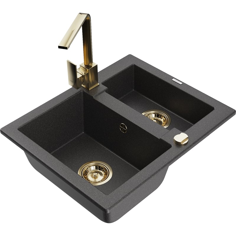 Mexen Carlos granite sink 1.5-bowl with kitchen faucet Rita, speckled black - 6518-76-670300-50