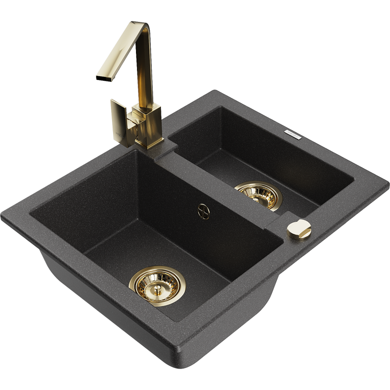 Mexen Carlos granite sink 1.5-bowl with Rita kitchen tap, black speckled - 6518-76-670300-50