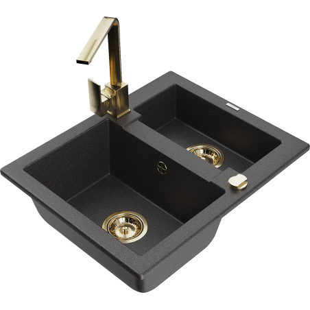 Mexen Carlos granite sink 1.5-bowl with kitchen faucet Rita, speckled black - 6518-76-670300-50