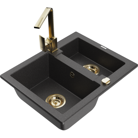 Mexen Carlos granite sink 1.5-bowl with Rita kitchen faucet, speckled black - 6518-76-670300-50