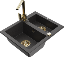 Mexen Carlos granite sink 1.5-bowl with kitchen faucet Rita, speckled black - 6518-76-670300-50