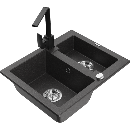 Mexen Carlos granite sink 1.5-bowl with Rita kitchen faucet, black speckled - 6518-76-670300-70