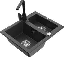 Mexen Carlos granite sink 1.5-bowl with kitchen faucet Rita, speckled black - 6518-76-670300-70