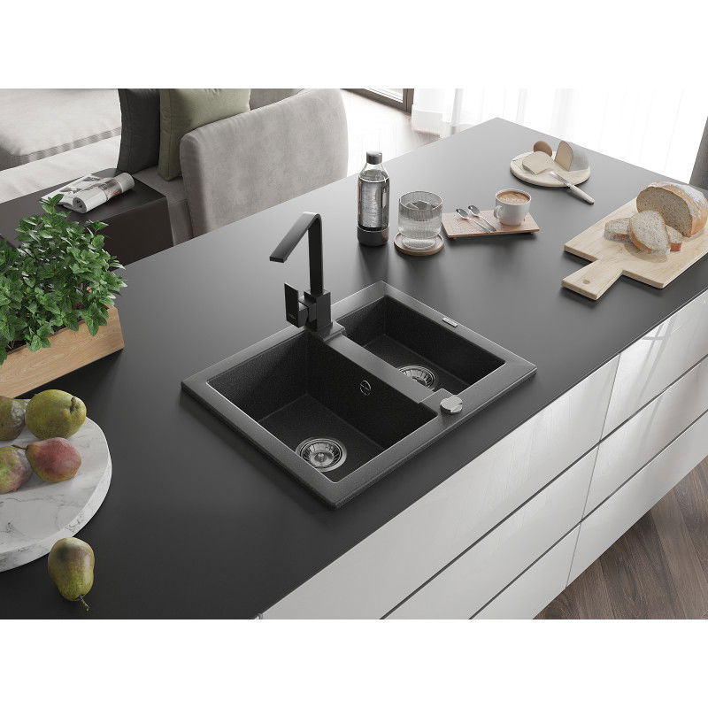 Mexen Carlos granite sink 1.5-bowl with Rita kitchen tap, speckled black - 6518-76-670300-70