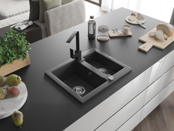 Mexen Carlos granite sink 1.5-bowl with kitchen faucet Rita, speckled black - 6518-76-670300-70