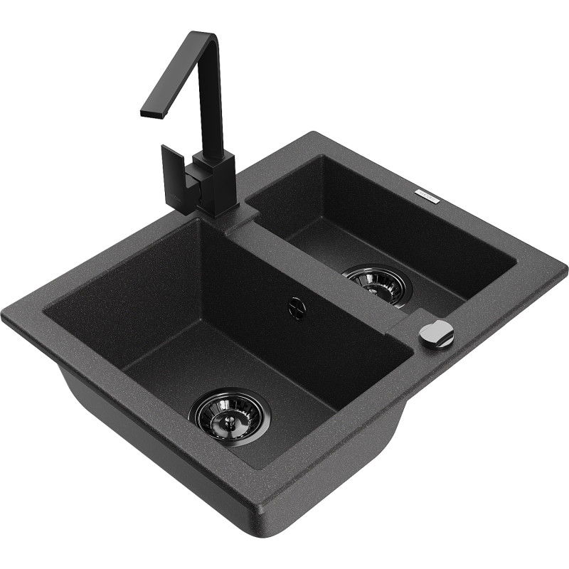 Mexen Carlos 1.5-bowl granite sink with Rita kitchen faucet, speckled black - 6518-76-670300-70-B
