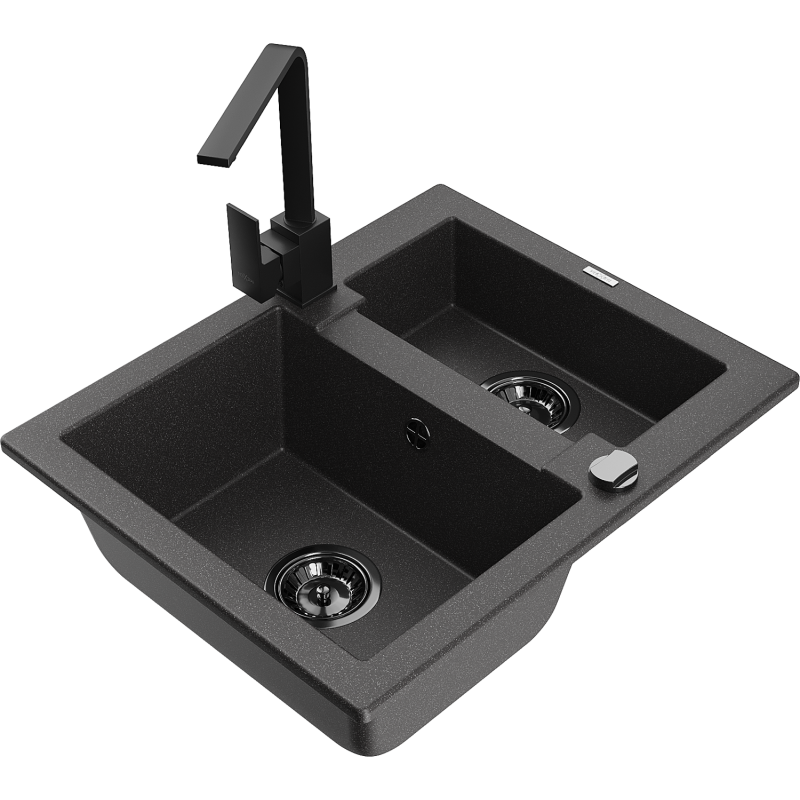 Mexen Carlos granite kitchen sink 1.5-bowl with Rita kitchen tap, speckled black - 6518-76-670300-70-B