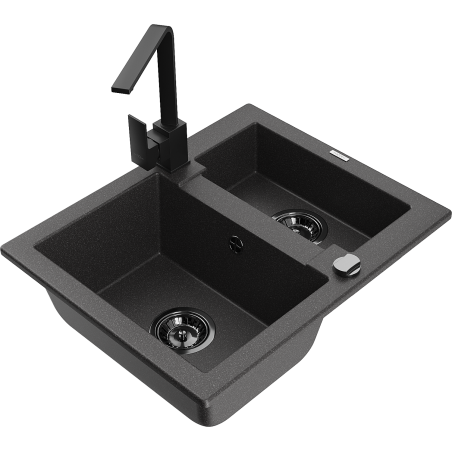 Mexen Carlos 1,5-compartment granite sink with a kitchen mixer tap Rita, spotted black - 6518-76-670300-70-B