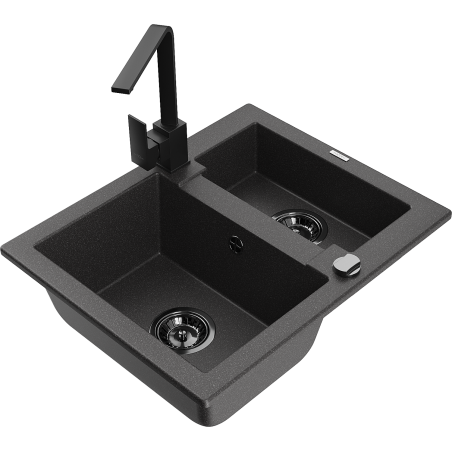 Mexen Carlos granite sink 1.5-bowl with Rita kitchen faucet, speckled black - 6518-76-670300-70-B