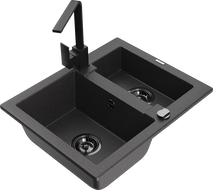 Mexen Carlos granite sink 1.5-bowl with Rita kitchen faucet, speckled black - 6518-76-670300-70-B