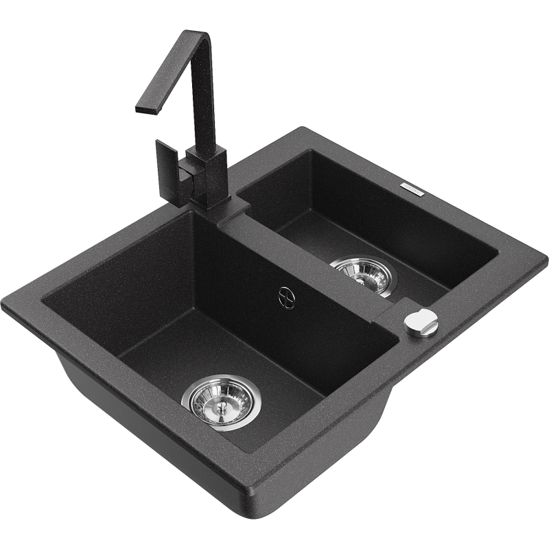 Mexen Carlos granite sink 1.5 bowl with Rita kitchen tap, black speckled - 6518-76-670300-76