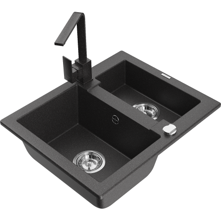 Mexen Carlos 1.5-bowl granite sink with kitchen faucet Rita, black speckled - 6518-76-670300-76