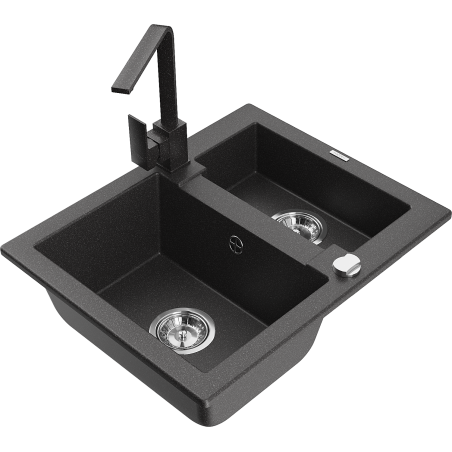 Mexen Carlos granite sink 1.5 bowl with Rita kitchen tap, black speckled - 6518-76-670300-76