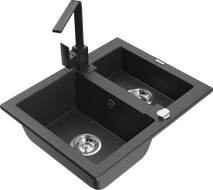 Mexen Carlos 1.5-bowl granite sink with Rita kitchen faucet, speckled black - 6518-76-670300-76