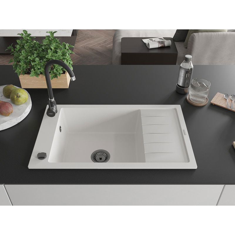 Mexen Elias granite sink 1-bowl with drainer and Telma kitchen tap, white - 6511-20-670200-70