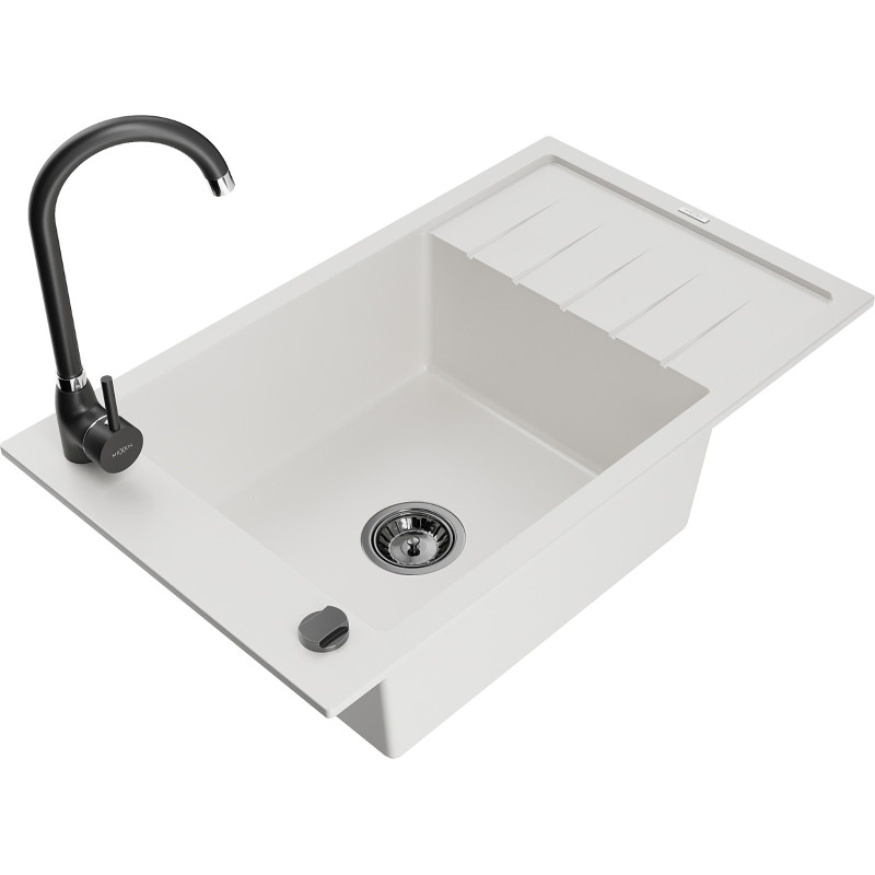 Mexen Elias 1-bowl Granite Sink with Drainer and Telma Kitchen Faucet, White - 6511-20-670200-70