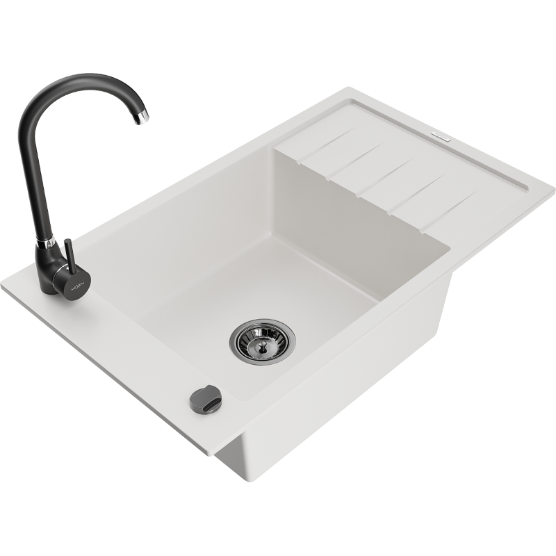 Mexen Elias granite sink 1-bowl with drainer and Telma kitchen faucet, white - 6511-20-670200-70