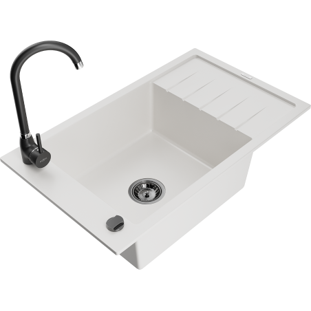 Mexen Elias granite sink 1-bowl with drainer and Telma kitchen faucet, white - 6511-20-670200-70