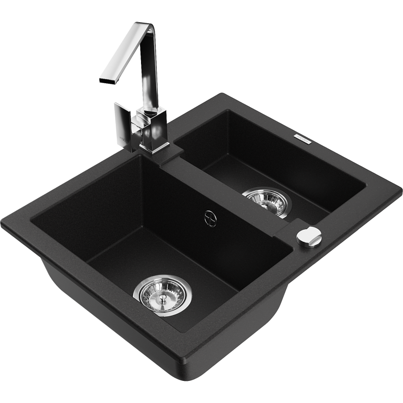 Mexen Carlos 1,5-compartment granite sink with a kitchen mixer tap Rita, Black - 6518-77-670300-00