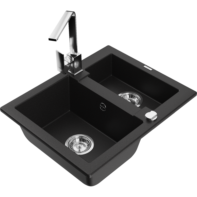 Mexen Carlos granite sink 1.5-bowl with Rita kitchen tap, black - 6518-77-670300-00