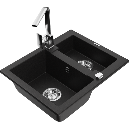 Mexen Carlos 1,5-compartment granite sink with a kitchen mixer tap Rita, Black - 6518-77-670300-00