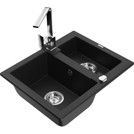 Mexen Carlos granite sink 1.5-bowl with Rita kitchen tap, black - 6518-77-670300-00