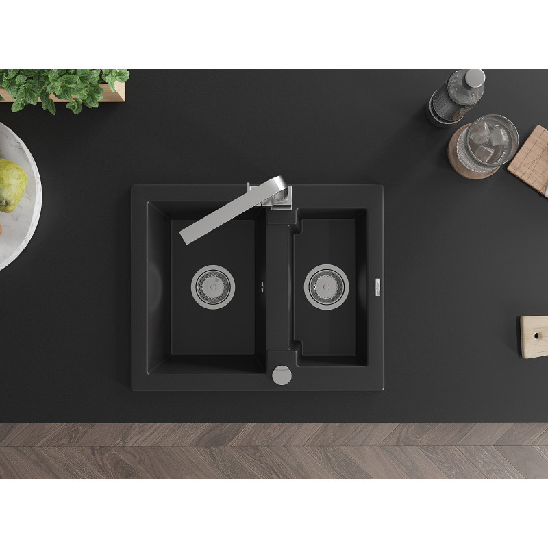 Mexen Carlos 1.5-bowl granite sink with Rita kitchen faucet, black - 6518-77-670300-00