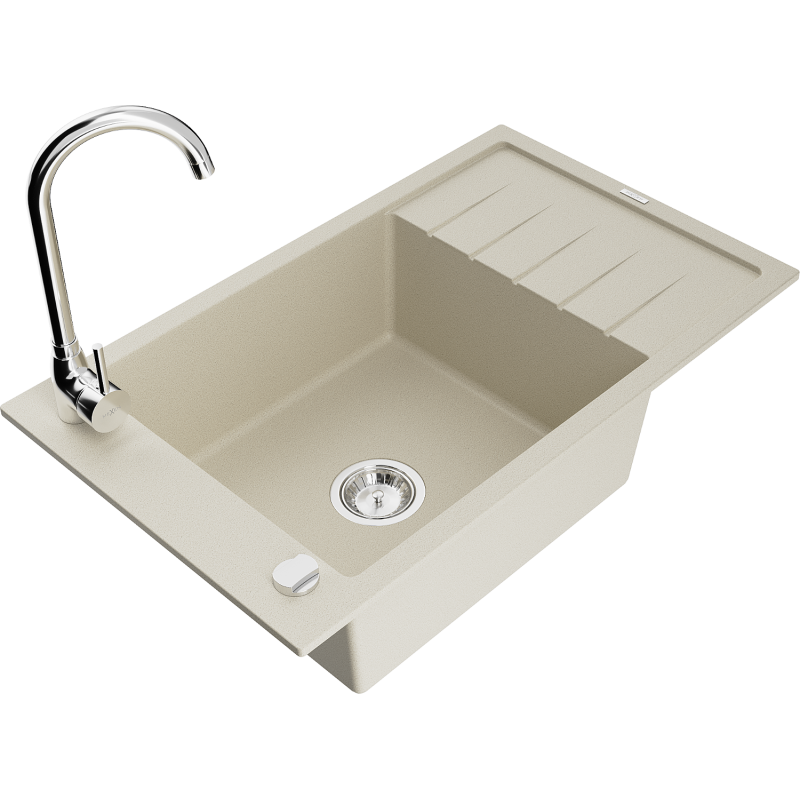 Mexen Elias 1-bowl granite sink with drainer and Telma kitchen tap, beige - 6511-69-670200-00