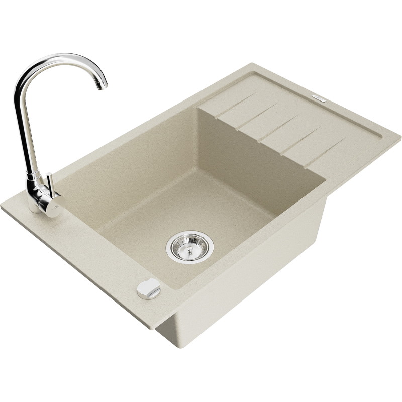 Mexen Elias Telma beige 1-bowl granite sink with drainer and kitchen faucet - 6511-69-670200-00