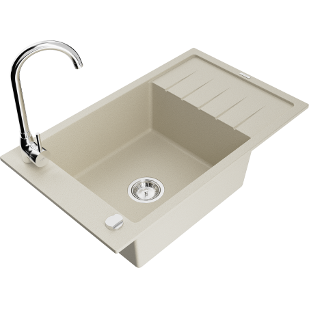 Mexen Elias granite kitchen sink 1-bowl with drainer and Telma faucet, beige - 6511-69-670200-00
