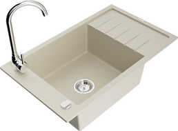 Mexen Elias granite kitchen sink 1-bowl with drainer and Telma faucet, beige - 6511-69-670200-00