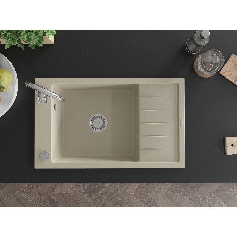 Mexen Elias Telma beige 1-bowl granite sink with drainer and kitchen faucet - 6511-69-670200-00
