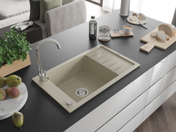 Mexen Elias granite kitchen sink 1-bowl with drainer and Telma kitchen faucet, beige - 6511-69-670200-00